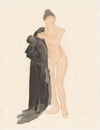 Female nude, standing, holding long black cape at her right with left hand (1902)