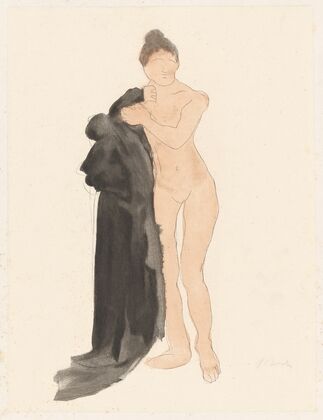 Female nude, standing, holding long black cape at her right with left hand (1902)