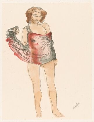 Female nude, standing, sheer red and black material wrapped around her torso (1902)