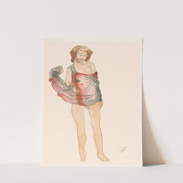 Female nude, standing, sheer red and black material wrapped around her torso (1902) by Auguste Rodin