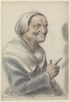 Femme âgée portant une coiffe blanche, l’index pointé, vue de trois quarts à droite