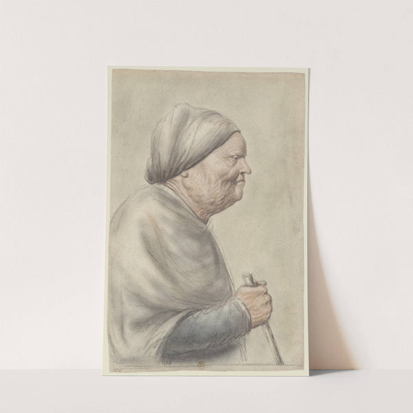 Femme âgée, portant une coiffe blanche, tenant une canne dans la main droite, vue de profil à droite by Nicolas Lagneau
