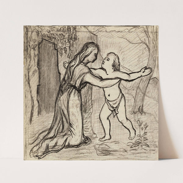 Femme agenouillée devant un enfant, dans un paysage by Arthur-Joseph Gueniot