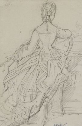 Femme assise de dos avec robe à tournure (1871)