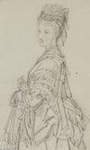 Femme de trois-quarts avec coiffe, châle sur les épaules et ombrelle repliée (1868-1878)