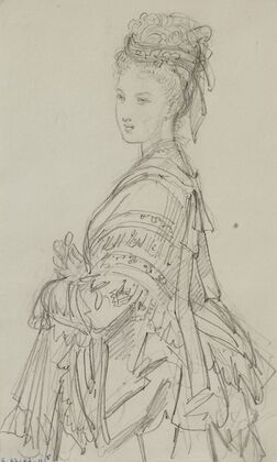 Femme de trois-quarts avec coiffe, châle sur les épaules et ombrelle repliée (1868-1878)