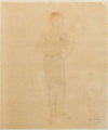 Femme drapée debout aux épaules dénudées. Motifs de fleurs