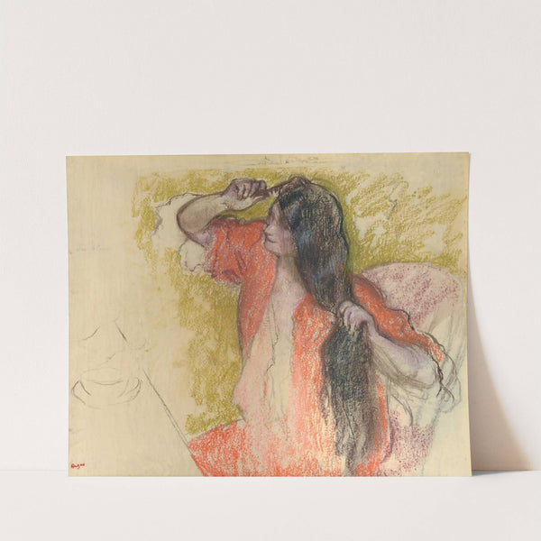 Femme En Peignoir Rouge Se Coiffant by Edgar Degas