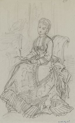 Femme en robe à volants, assise et lisant près d’une cheminée (1871)