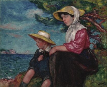 Femme et jeune garçon assis au bord de la mer — size preview
