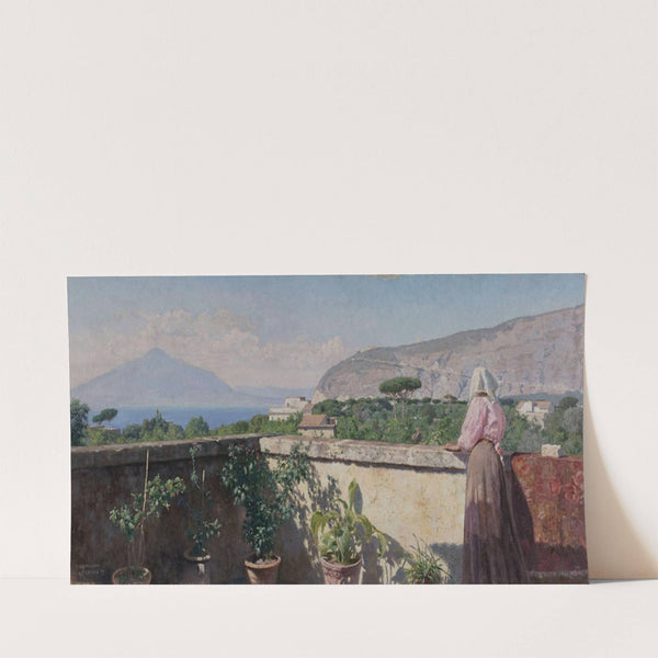 Femme sur la terrasse de l’hôtel Cocumella. Vue sur le Vésuve (1897) by Henry Brokman