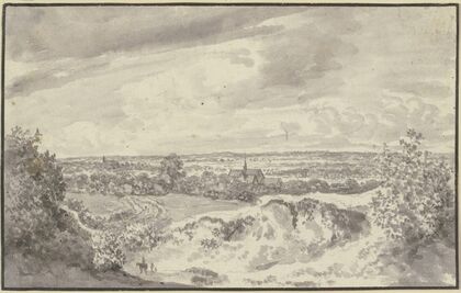 Fernsicht mit einer Stadt, vorne ein Reiter und zwei Fußgänger