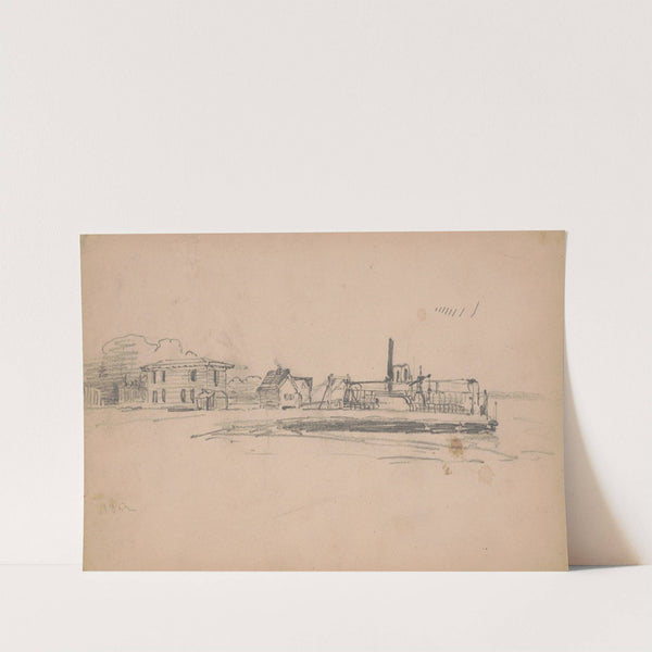 Ferry alongside a dock with buildings along the waterfront (1852) by James Fuller Queen