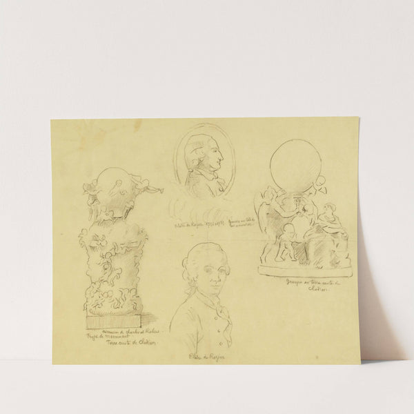 Feuille d’études avec deux portraits de Pilatre de Rozier et deux terres cuites de Clodion by Arthur-Joseph Gueniot