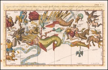 Figura observat. Cursus Cometae Anno 1665 mense Aprili factar, a Iohanne Hevelio ad ejusdem Communicat . . (1668)