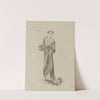 Figure de femme de trois quarts portant un manteau sur robe longue (1909-1911)