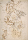 Figure Studies; Seated Female Holding a Book, Two Heads of Bearded Men, Seated Male Nude, and Four Sketches for Christ Judging