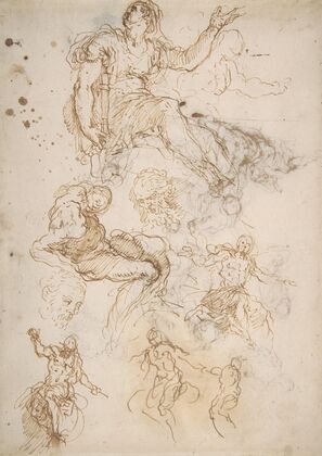 Figure Studies; Seated Female Holding a Book, Two Heads of Bearded Men, Seated Male Nude, and Four Sketches for Christ Judging