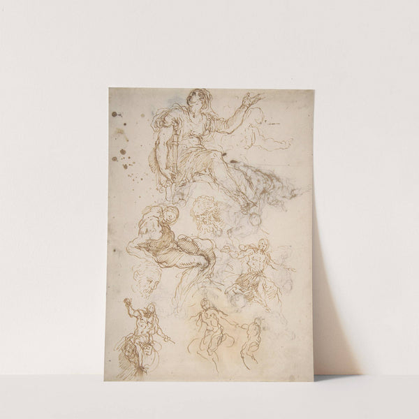 Figure Studies; Seated Female Holding a Book, Two Heads of Bearded Men, Seated Male Nude, and Four Sketches for Christ Judging by Jacopo Palma il Giovane