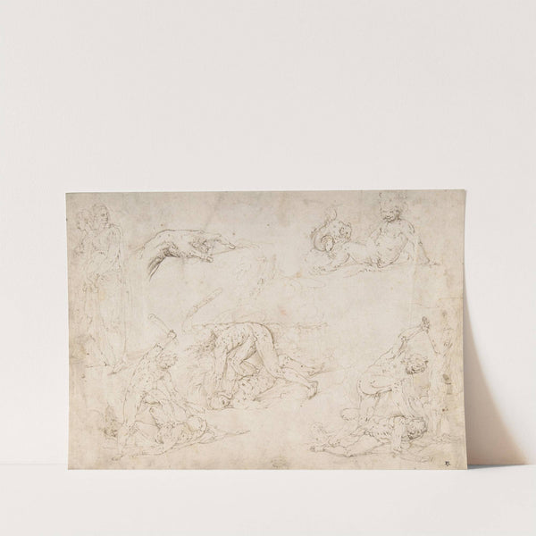 Figure Studies; Three Sketches of Cain Killing Abel, with an Altar of Sacrifice at Center, Two Standing Women, a Hand, and a Seated Child with a Squirrel by Battista Franco