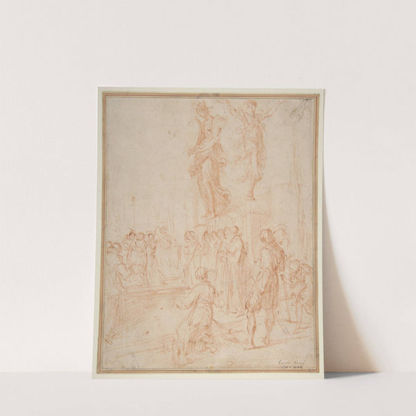Figure Studies; Woman holding a Shield, a Dancing Female, and a Priest Supported at an Altar before a Group of Onlookers by Bernardino Poccetti
