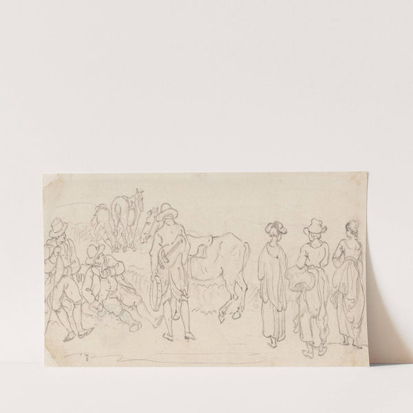 Figure with Lute and Tambourine, with Other Figures; Men Resting, Country Women, Horses, etc. by Paul Sandby