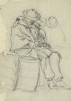 Figure wrapped in blanket sitting on a barrel and reading