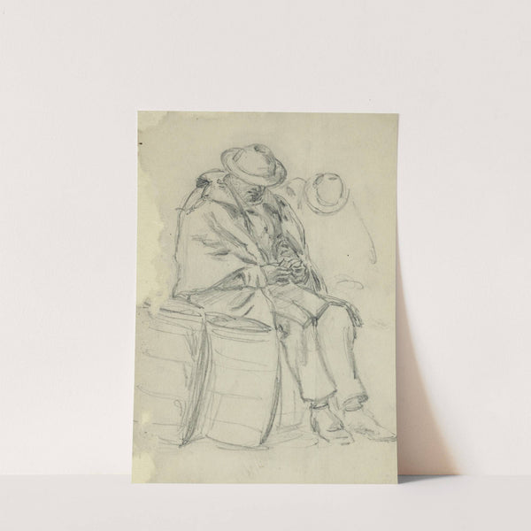 Figure wrapped in blanket sitting on a barrel and reading by Alfred Rudolph Waud