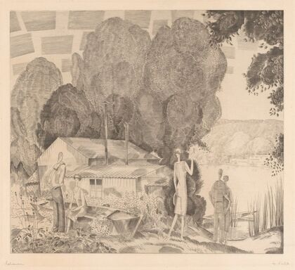 Figuren bij een huis aan het water — size preview