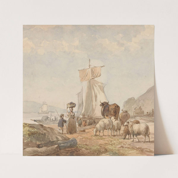Figuren met vee bij rivieroever met veerboot by Julius Jacobus van de Sande Bakhuyzen