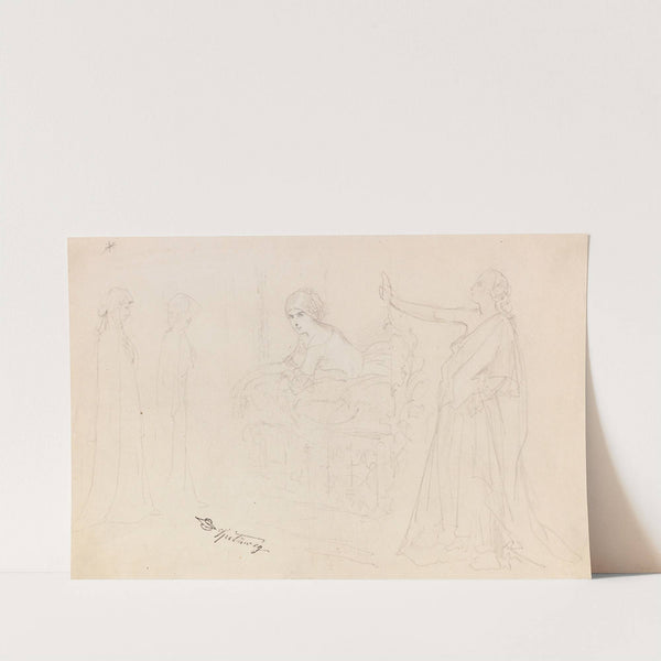 Figurenstudien; Eremit, Junge Frau am Fenster, Allegorie (1840) by Carl Spitzweg