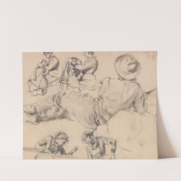 Figurenstudien; Nähende Frau, Liegender Mann, Junge Frau (1870-1880) by Adolph von Menzel
