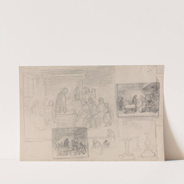 Figurer i interiør; prest ved sykeseng by Adolph Tidemand