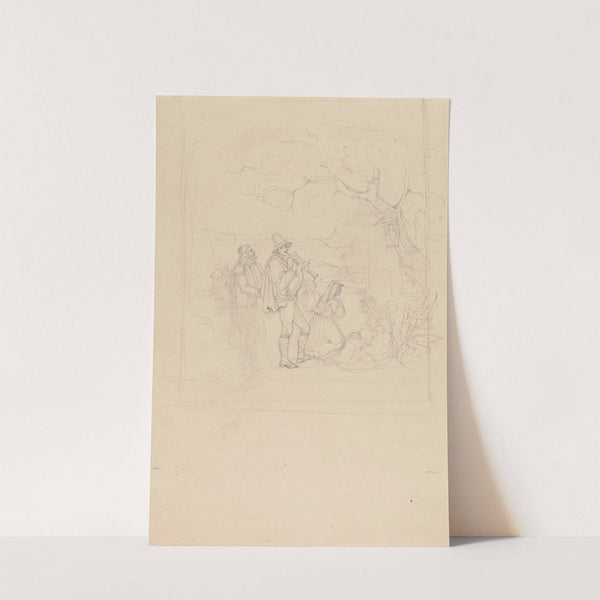 Figurer i landskap med hornblåser i forgrunn by Adolph Tidemand
