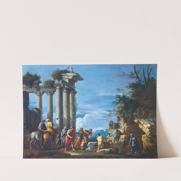 Figures by a ruined temple with Pythagoras appearing from the cavern by Giovanni Ghisolfi