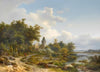 Figures on a country lane beside a ruined castle