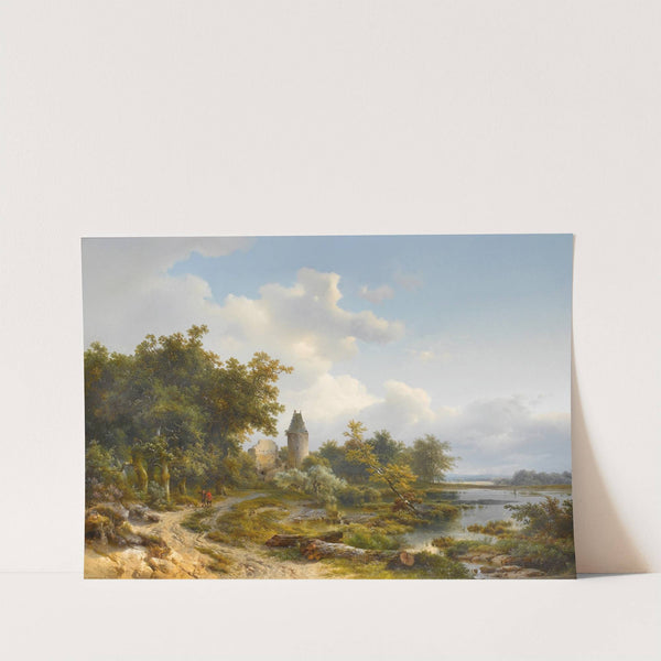Figures on a country lane beside a ruined castle by Peter Ludwig Kühnen