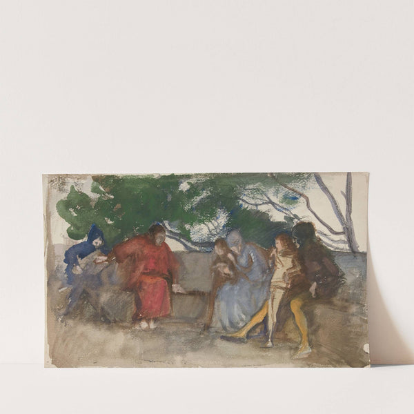 Figures seated along an outdoor bench (1992) by Edwin Austin Abbey