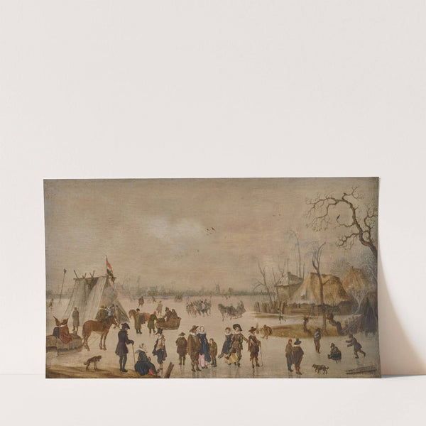 Figures skating and riding in carriages, on a frozen lake with a tent and a town in the distance (1632) by Anthonie Verstraelen