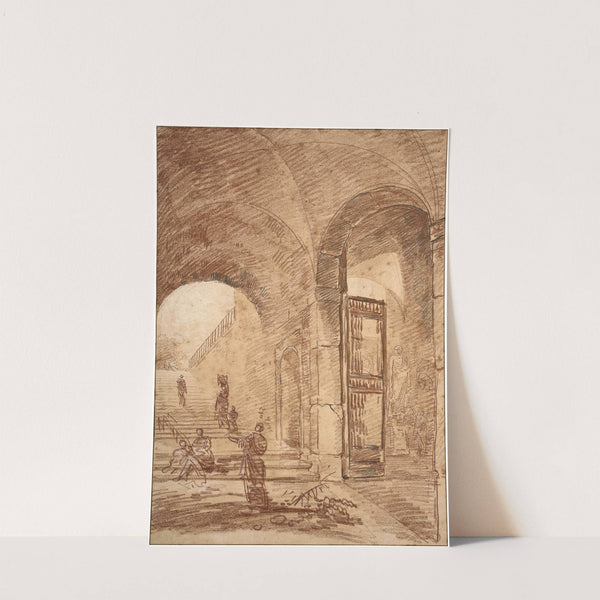 Figures under arches, probably of the Palazzo Corsini, Rome by Hubert Robert