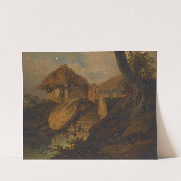 Figures Washing In A River With Thatched Huts Behind, Bengal, India by George Chinnery