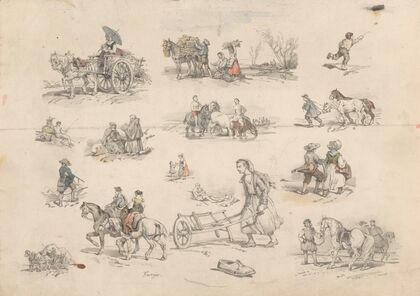 Figuurstudies met paarden en wagens