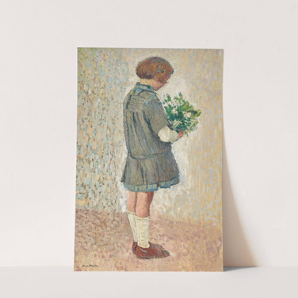 Fillette en tablier d’écolière tenant un bouquet by Henri Martin