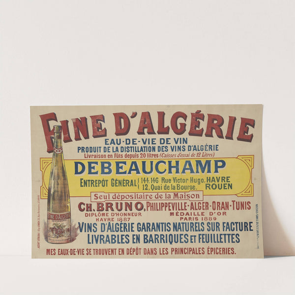 Fine d’Algérie, eau-de-vie de vin. Produit de la distillation des vins d’Algérie. Debeauchamp (1892) by Imp. Camis