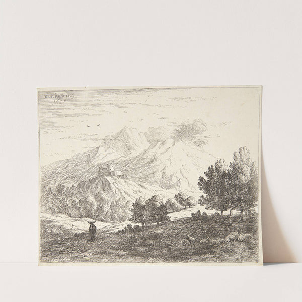 Fire bjerge Et æsel og får i forgrunden by Karel Dujardin