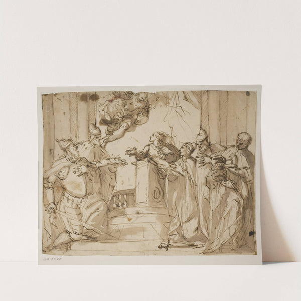 Fire doger og en kappeklædt mand med en dogehat i hænderne, med Bebudelsen i baggrunden by Antonio Aliense