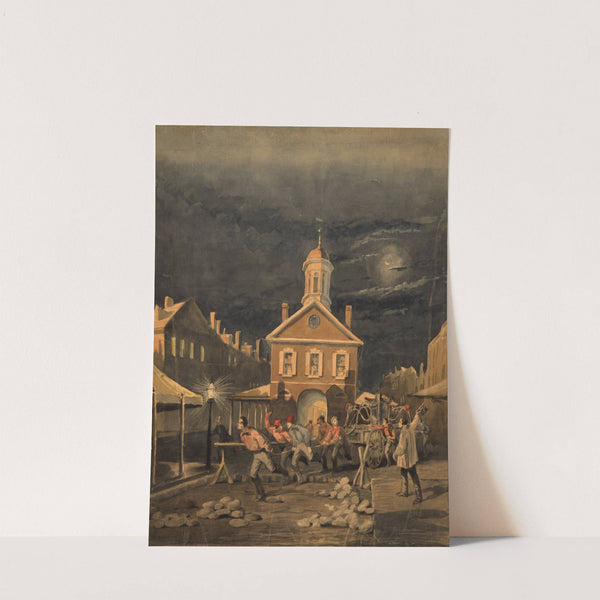 Firehouse scene showing firemen leaving firehouse pulling a hand-drawn fire engine (1857) by James Fuller Queen