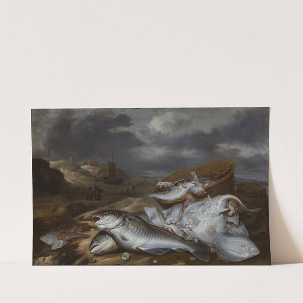 Fish still life with view of Egmond by Pieter van Schaeyenborgh