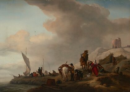 Fisherfolk unloading their catch on the seashore