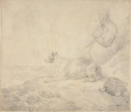 Fisherman and Dog Sitting by the Coast